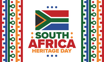 Fototapeta premium South Africa Heritage Day. Happy holiday. Celebrate culture and traditions of nation. South African flag. Poster with illustration. Pattern design. Vector