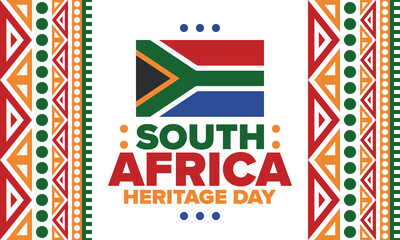 South Africa Heritage Day. Happy holiday. Celebrate culture and traditions of nation. South African flag. Poster with illustration. Pattern design. Vector