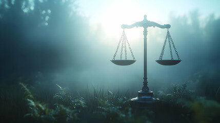 3D Poll Balance Scales in Misty Data Landscape - Concept of Weighing Poll Results with Soft Focus, Abstract Background, and Delicate Balance Representation