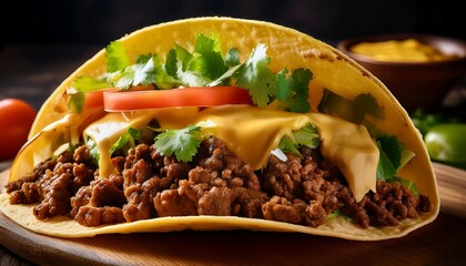 delicious taco with ground beef lettuce and cheese on a crunchy shell perfect for mexican cuisine and food lovers