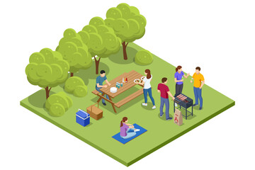 Isometric BBQ scene featuring a grill with various meats and vegetables cooking over an open flame. Outdoor barbecue, perfect for gatherings and casual summer cooking. Barbecue party by the pool.