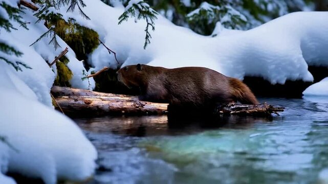 Beaver in Winter Serene Scene by Snowy Riverbank, Showcasing Wildlife and Nature in Cold Forest Environment with Water and Logs.