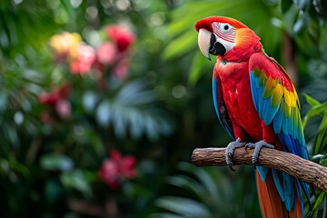 Obraz premium A colorful parrot perched on a branch in a tropical setting, with lush green leaves and bright flowers