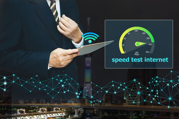 Businessman press button Internet Speed Test ,Upload Download speed test , Internet speed test software and network performance information arrow bandwidth display interface..