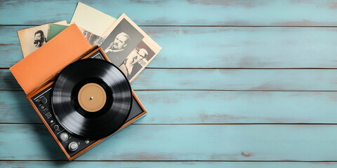 A vintage record player spinning a vinyl record, on blue background, layout with copy space