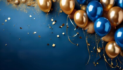 elegant blue and gold balloons with golden confetti on a blue background detailed high definition image