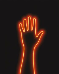 Glowing neon hand outline on a dark background, symbolizing technology, innovation, and connectivity in a modern abstract design.