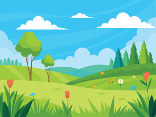 Fototapeta premium Lush Meadow Landscape with Wildflowers and Blue Sky for Nature-Inspired Designs