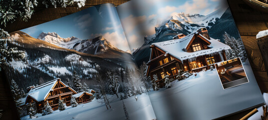 Luxury Mountain Resort Brochure Design Featuring Cozy Cabins and Snowy Landscapes for Winter Getaways