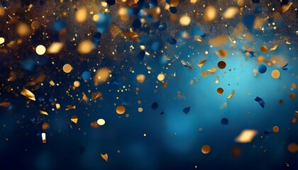 falling confetti on a blue background with dark blue and gold particles creating a festive and celebratory atmosphere