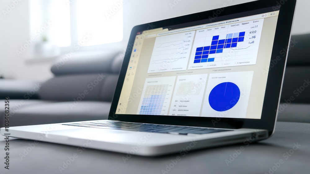 Poster a laptop computer displaying graphs and charts on a screen, showcasing business analytics and data v