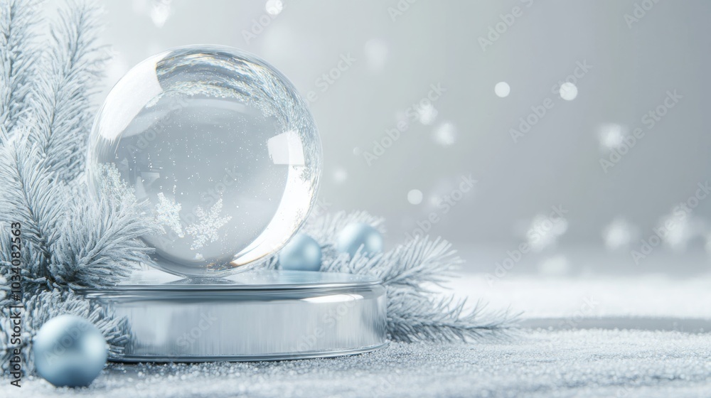 Poster A large, clear snow globe sits on a silver platform in front of a frosted pine branch. The globe is resting on a silver platform.