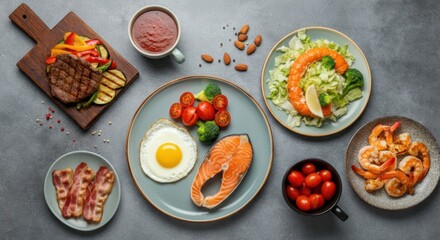 A vibrant assortment of healthy dishes is artfully arranged on a gray textured table.