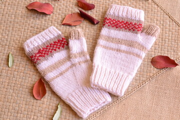 Red white christmas mittens hand knitted jacquard warm winter collection choth, santa claus theme, organic wool knitting progect, handcrafted garn accessory, female fashion, new year holidays