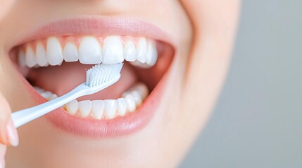 Fototapeta premium Close-up of toothbrush cleaning perfectly white teeth, focus on brushing technique, oral care, teeth cleaning