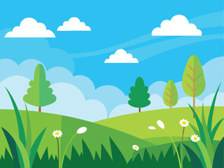 Obraz premium Lush Meadow Landscape with Wildflowers and Blue Sky for Nature-Inspired Designs