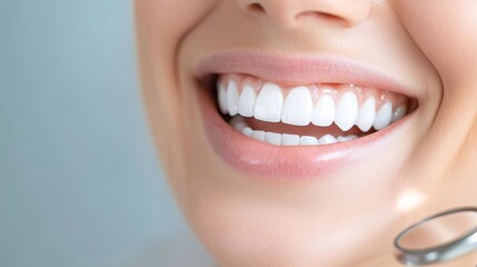 Person smiling with a dental mirror reflecting clean, white teeth after oral care session, teeth maintenance, professional dental care