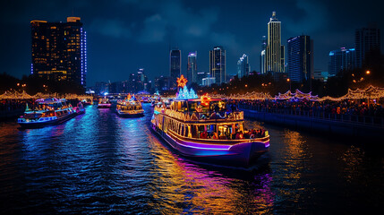 Naklejka premium The magnificent Winterfest boat parade on the water, boats decorated with colorful Christmas lights, sailing along the river, Ai generated images