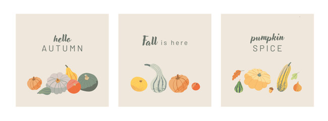 Set of autumn cards with pumpkins illustration. Fall is here. Cute squash vegetable on beige background. Seasonal greetings. Vector template