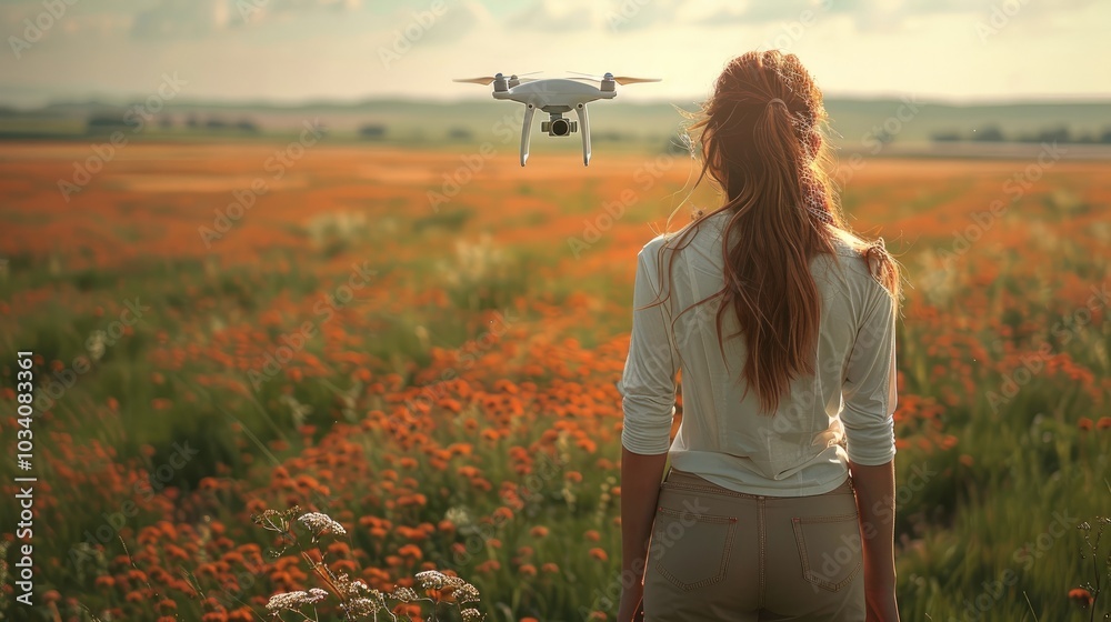 Poster Rear view. A woman with drone flying across a wide long farm.