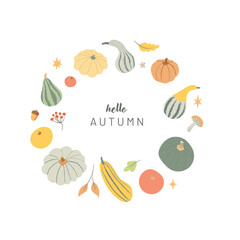 Hello Autumn vector illustration with text and seasonal vegetables isolated on white background. Pumpkin round wreath frame with leaves in flat style