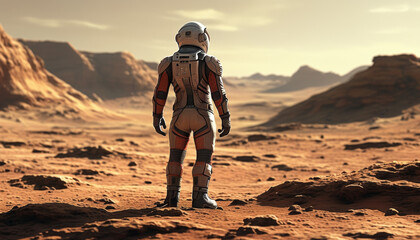 An astronaut exploring the rugged Martian landscape under a warm sky, surrounded by rocky formations and distant mountains during a tranquil afternoon