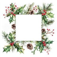 Christmas watercolor vintage square frame, isolated on white, holiday card design