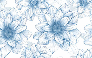 A seamless pattern of delicate line art dahlia flowers, their petals outlined in soft blue lines on an isolated white background.