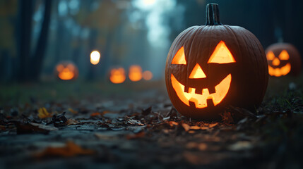 Festive jack-o'-lantern with autumn background