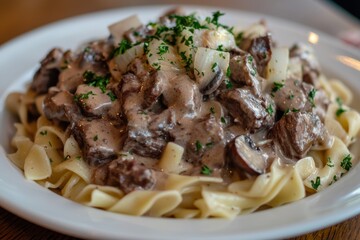 Gourmet Beef Stroganoff with Rich Creamy Sauce and Al Dente Egg Noodles Garnished with Fresh Parsley