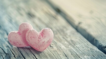 Obraz premium Close-up view of two pink hearts on a rustic wooden background, symbolizing love and romance.