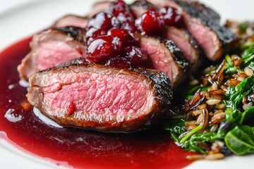 Gourmet Duck Breast with Cherry Red Wine Reduction and Wild Rice Garnish
