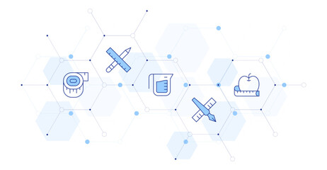 Measure Banner Vector Illustration with Icon Style in Between. Line Duotone icon. Containing tools, water, measuring tape, edit tool, apple