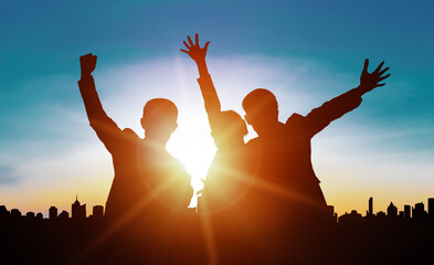 Achievement and Business Goal Success Concept - Creative business people with icon graphic...