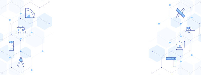 Measure Banner Vector Illustration with Two-sided Icon Style. Line Duotone icon. Containing size, ruler, angle, measuring tape, pencil, compass