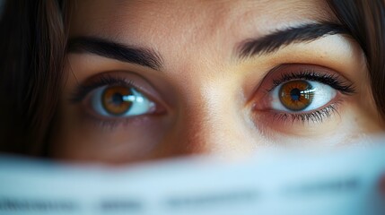 Close-up of a woman in her early 30s, her large expressive eyes focused on a business report, showing concentration