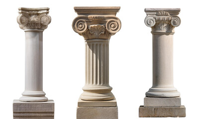 Obraz premium Three classical architectural columns with intricate designs against a white isolated background.