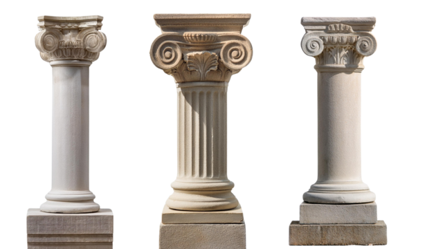 Three classical architectural columns with intricate designs against a white isolated background.