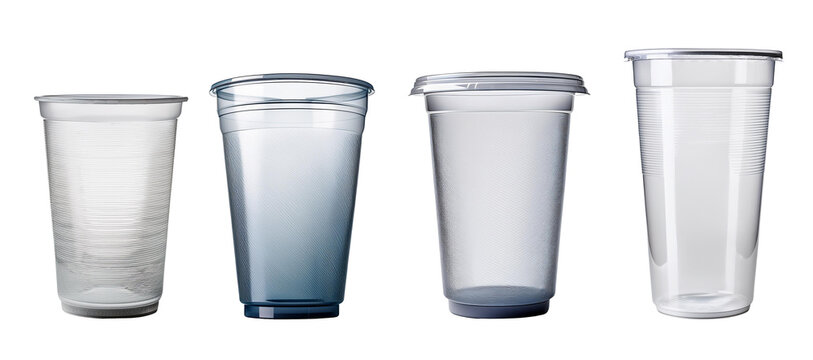 Set of transparent plastic cups on white isolated background.