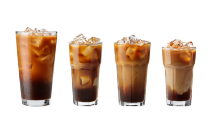Four refreshing iced coffee drinks with ice and layers, isolated on white background.
