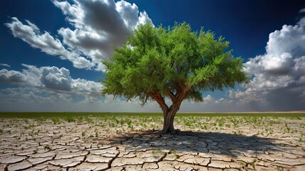 A single tree in the cracked and dusty  Salt Flats