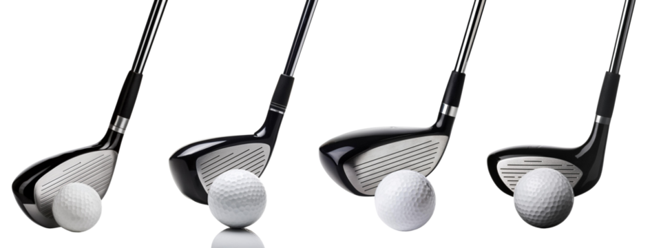 Golf clubs ready for play with a white background, showcasing precision in design and performance.