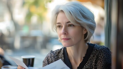 Close-up of the woman sitting in a caf near the Acropolis in Athens, Greece, her short blonde hair glowing in the soft afternoon light, as she reviews important business documents