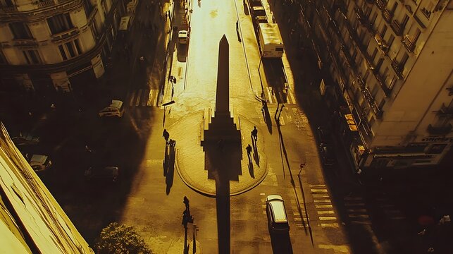 Bird s-eye view of the woman walking through the streets of Buenos Aires, Argentina, with the famous Obelisk in the background, her purposeful walk cutting through the city's energetic atmosphere