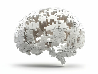Flat Holographic White Puzzle Pieces Creating a Complete Brain Concept - Wide Shot of Smartly Assembled Puzzle Pieces Emphasizing Mental Integration on White Background for Cognitive Health Messaging