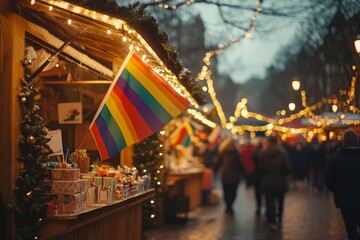 A festive market scene illuminated with lights, featuring colorful stalls and a rainbow flag, capturing a welcoming and vibrant atmosphere.