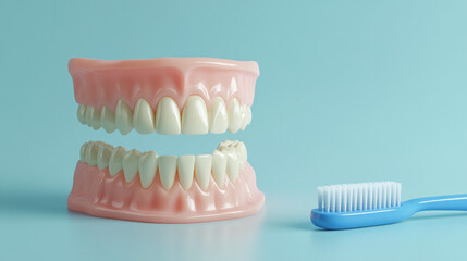 Obraz premium Dental Model with Toothbrush on Blue Background