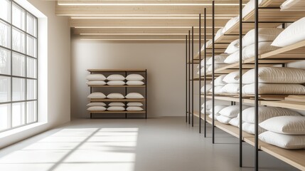 Modern warehouse with neatly stacked white sacks on metal shelving, high ceilings, and bright lighting, showcasing logistics, storage, and inventory
