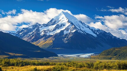 Fototapeta premium A majestic mountain stood tall, its peaks crowned with snow.