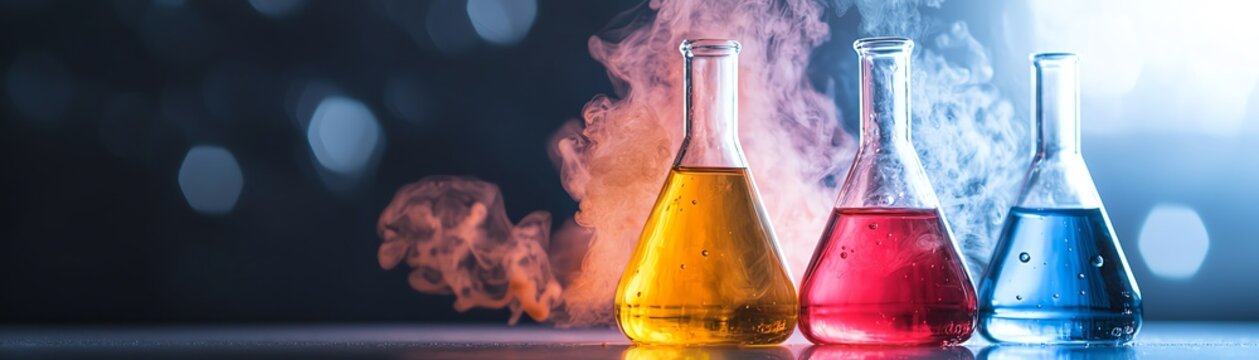 Colorful chemical flasks with smoke on a dark background, showcasing science and experimentation.